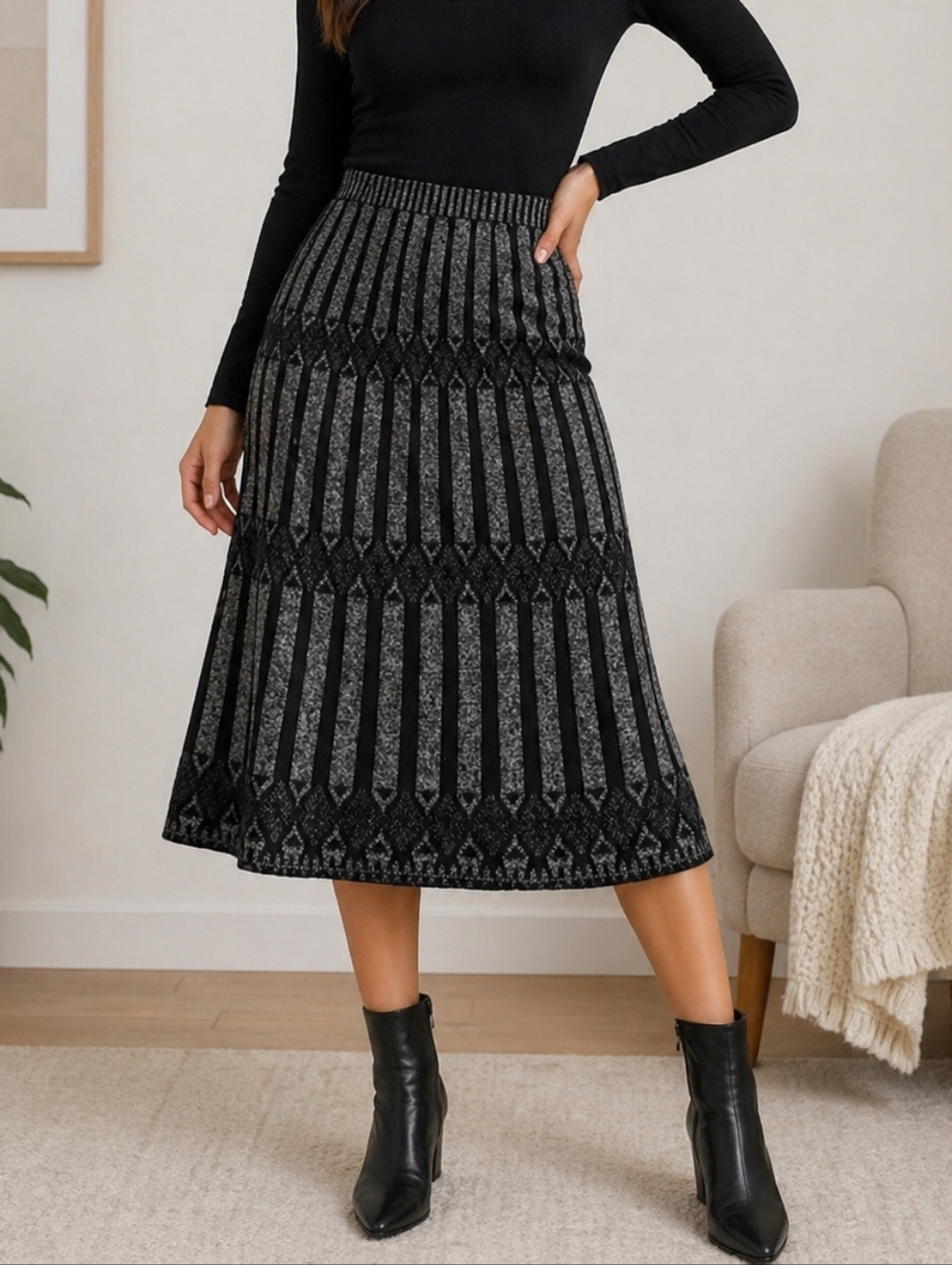 Elegant Black and Gray Knit Midi Women's Skirt, Size M